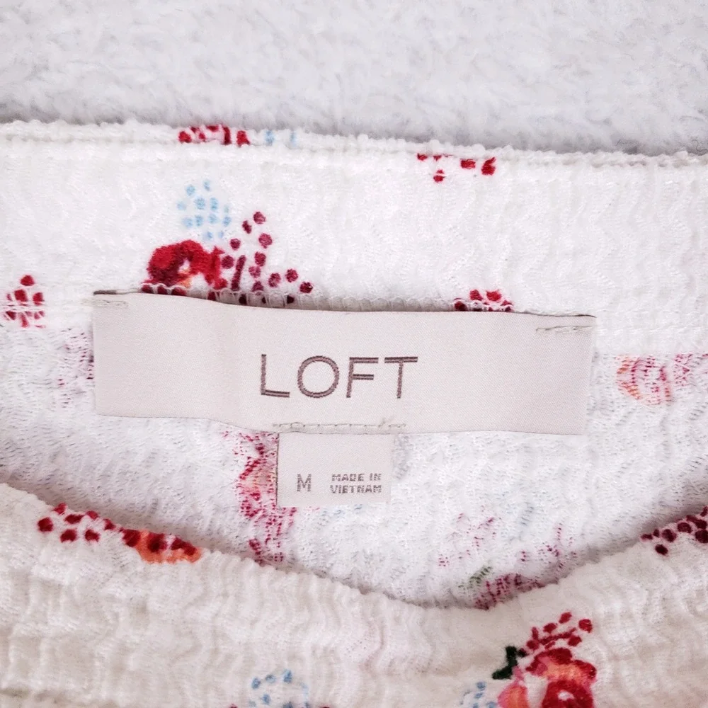 LOFT Blouse Womens Medium Square Neck Puff Sleeve Floral White Cottagecore‎ Boho